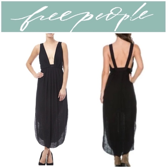 Free people Heidi Linen Blend Maxi dress, black, plunging neckline, sz S - Picture 1 of 13